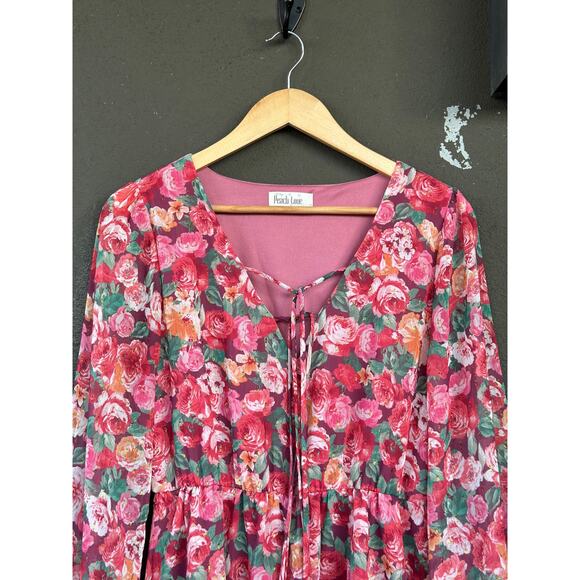 Peach Love California Feminine Chic Pink Floral Long Sleeve Mini Dress Medium - Picture 2 of 7